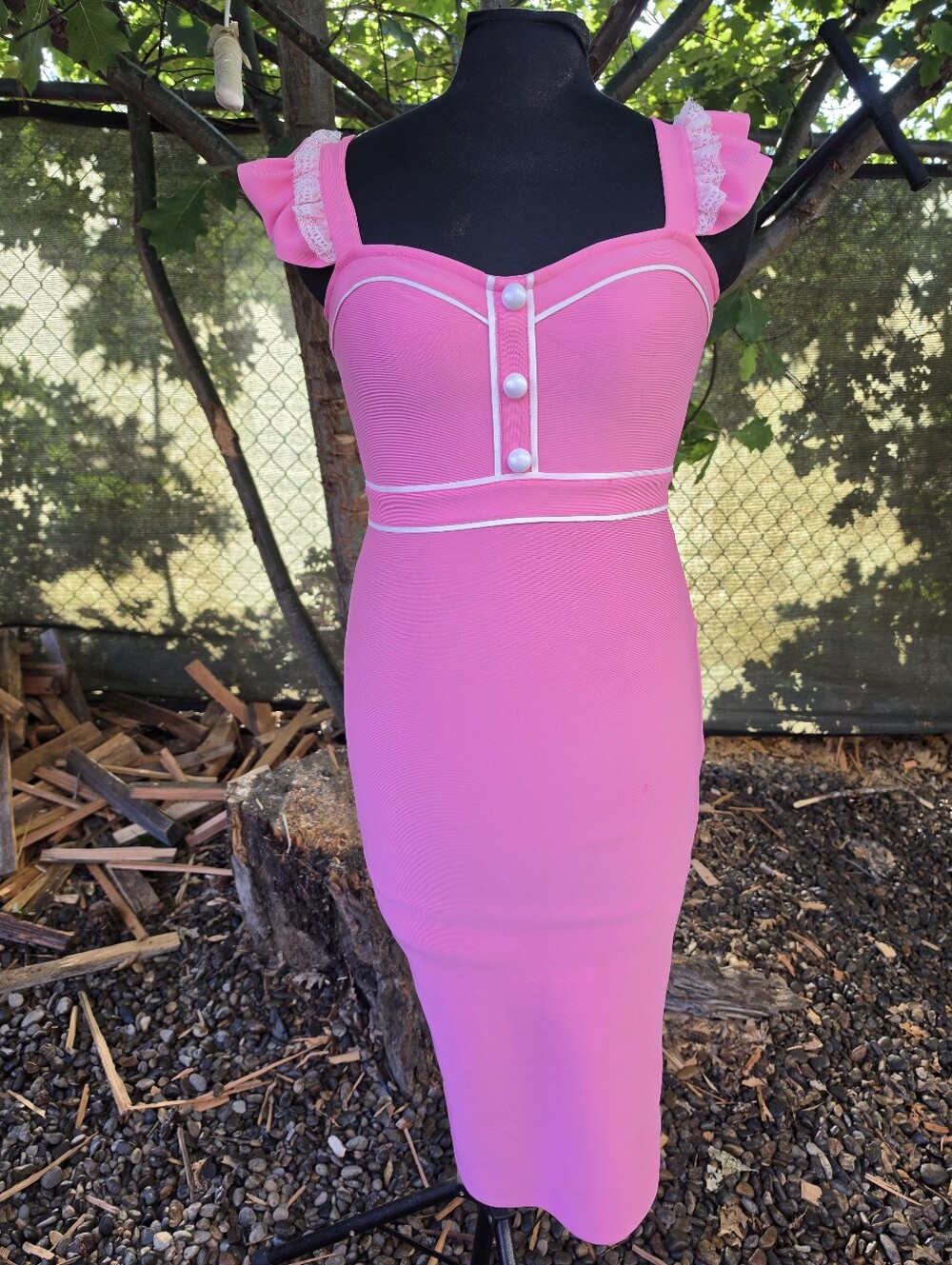 Pink Pencil Midi Dress White Trim Barbiecore Dollcore Retro Pin-Up Modernized